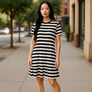 Lauren Ralph Lauren Casual Striped Cream & Blue Knit Ruffle Belt Dress Size 14